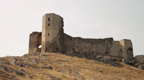 Keep, old medieval castle, ruins on hill, sunset, beautiful landscape,watchtower Stock Footage 49682581