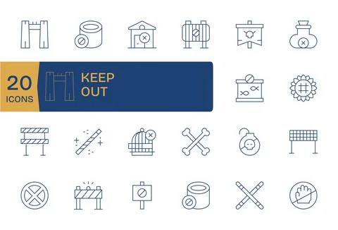 Keep Out Scalable Vector Set featuring 20 Detail Enhanced Thin Line 64x64 Ico Stock Illustration