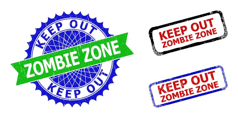 KEEP OUT ZOMBIE ZONE Rosette and Rectangle Bicolor Stamps with Corroded Surfa 库存插图