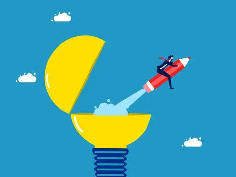 Keep pace with new innovations and learning new things. Businessman flies wit Illustrazione stock