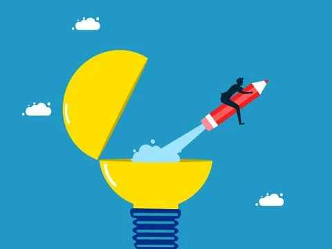 Keep pace with new innovations and learning new things. man flies with a penc Stock Illustration