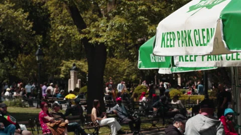 Keep Park Clean Canopy, Crowded Washington Square Park NYC Stock Footage 154165969