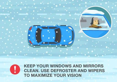 Keep windows and mirrors clean, use defrosters and wipes. Stock Illustration