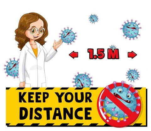 Keep your distance font design with a doctor woman isolated on white backgrou Stock Illustration