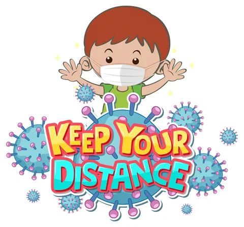 Keep your distance font design with a boy wearing medical mask on white backg Stock Illustration