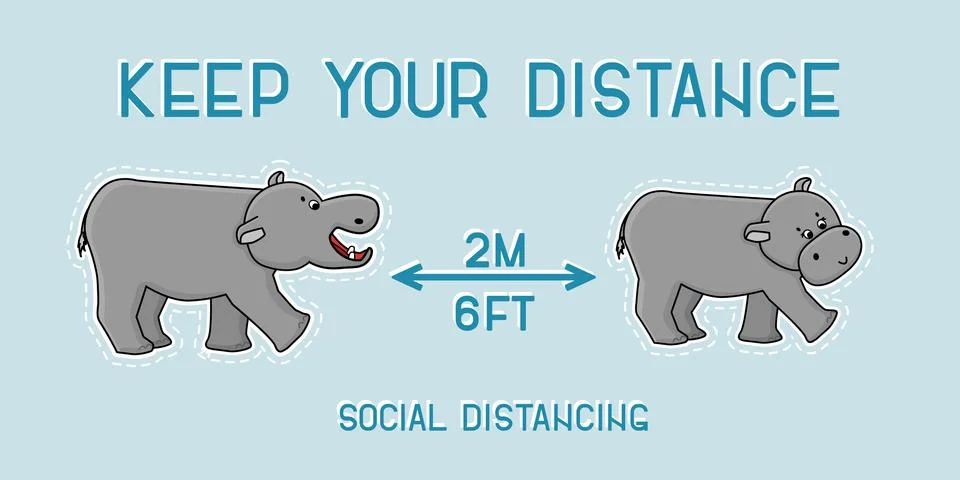 Keep your distance text for two hippopotamuses. Animals use social distancing Stock Illustration