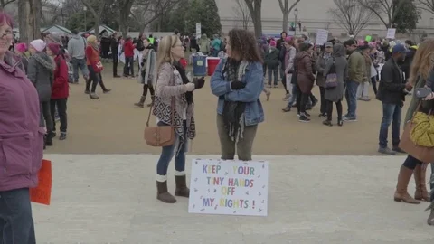 Keep Your Tiny Hands Off My Rights Protest Sign - Womens March Stock Footage 81253031