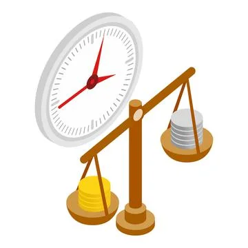 Keeping finance icon isometric vector. Stack of coin on scales and round clock Stock Illustration