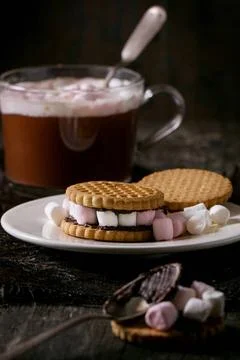 Kekse mit Marshmallows White Plate with Sugar Cookies stuffed by small mar... Stock Photos