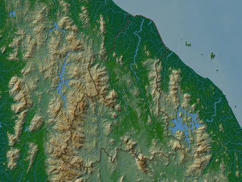 Kelantan, Malaysia. Colored elevation map with lakes and rivers Stock Illustration