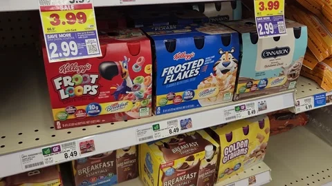 Kellog's Frosted Flakes and Froot Loops Cinnabon Drinks Grocery Stock Footage 218203749