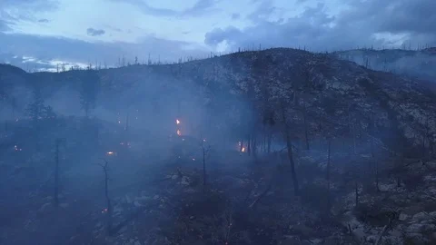 Kelowna BC area wildfire. 4k drone view onto forest fire aftermath landscape Stock Footage