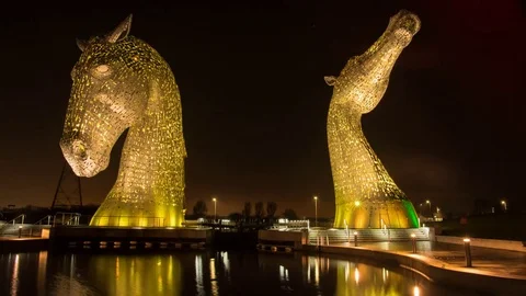 Kelpies sculpture lit up at night Stock Footage 70552553