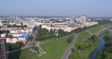 Kemerovo embankment of the Tom river aerial photography Stock Footage