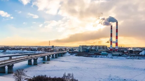 Kemerovo GRES. Winter. View from the top. Hyperlapse 4k. Stock Footage 114048096