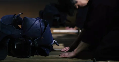 Kendo practitioners getting ready for fight in Dojo, Tokyo, Japan. Stock Footage 87190900
