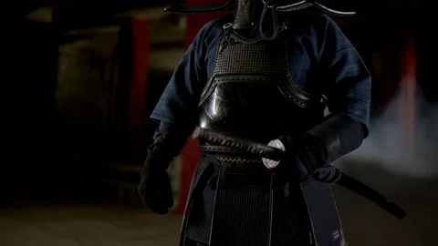 Kendo warrior demonstrates fighting attacks Stock Footage 77215041