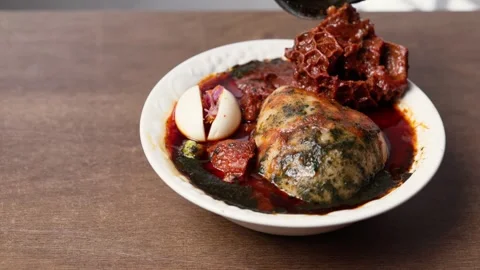 Kenkey With Fried Fish, Shrimps, Pear, Pepper Sauce and Fried Egg, Ghana Dish Stock Footage 346249743