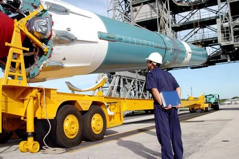 KENNEDY SPACE CENTER, FLA. - The first stage of the Boeing Delta II rocket... Stock Photos