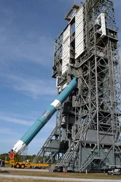 KENNEDY SPACE CENTER, FLA. - The first stage of the Boeing Delta II rocket... Stock Photos