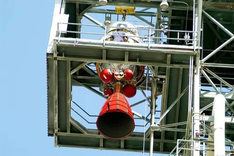 KENNEDY SPACE CENTER, FLA. - The second stage of a Delta II rocket is lift... Stock Photos