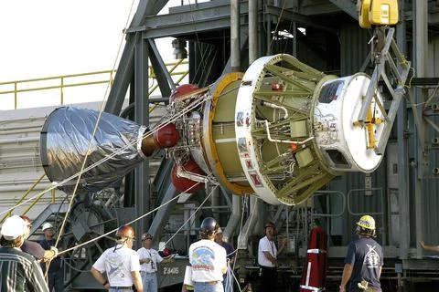 KENNEDY SPACE CENTER, FLA. - The second stage of the Delta II rocket is ra... Stock Photos