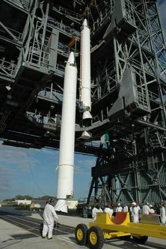 KENNEDY SPACE CENTER, FLA. -- A solid rocket booster is lifted into the mo... Stock Photos