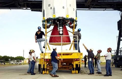 KENNEDY SPACE CENTER, FLA. - Workers on Launch Complex 17-B, Cape Canavera... Stock Photos