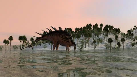 Kentrosaurus drinking from prehistoric waters. Stock Illustration