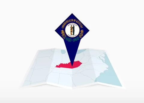 Kentucky is depicted on a folded paper map and pinned location marker with .. Stock Illustration