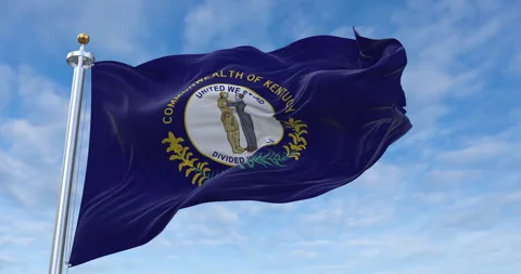 Kentucky flag with flagpole waving in rolling clouds looping, 4K Perfect Loop Video stock 280770699
