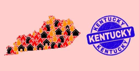 Kentucky State Map Collage of Fire and Houses and Textured Kentucky Stamp Ilustração Stock