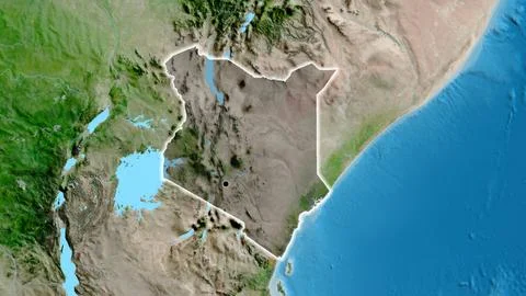 Kenya border shape overlay. Glowed. Satellite. Stock Illustration