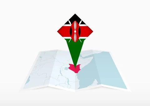 Kenya is depicted on a folded paper map and pinned location marker with fla.. Stock Illustration