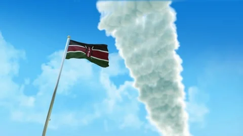 Kenya Flag 3D Render Animation on Pole with Fighter Jets Smoke Trails in Blu Video stock 333252664