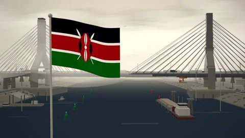 Kenya Flag Flying Over Cable Stayed Bridge River seamless loop Stock Footage 345373145