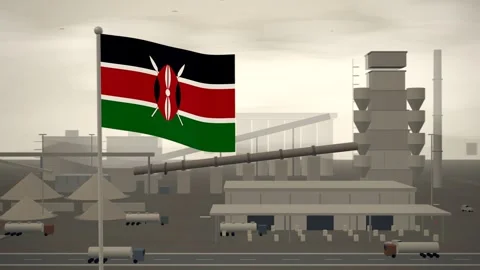 Kenya Flag Flying Over Cement Works Rotary Kiln seamless loop Stock Footage 345134516