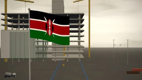 Kenya Flag Flying Over Construction Site Tower Cranes seamless loop Stock Footage 345130677
