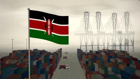 Kenya Flag Flying Over A Container Port Terminal In Morning Haze Vídeo Stock 344470413
