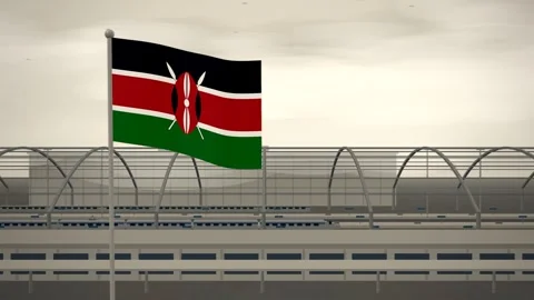 Kenya Flag Flying Over High Speed Rail Station seamless loop Stock-Footage 345129743