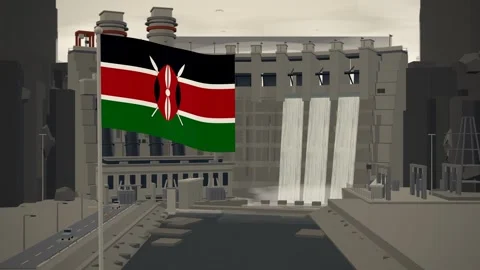 Kenya Flag Flying Over Hydroelectric Dam Spillway seamless loop Stock Footage 345134623