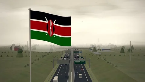 Kenya Flag Flying Over Interstate Highway Rural Traffic seamless loop Stock Footage 345130558