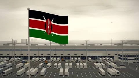 Kenya Flag Flying Over Logistics Warehouse Distribution Centre seamless loop Stock Footage 345130475