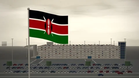 Kenya Flag Flying Over Multi Storey Car Park seamless loop Video stock 345313122