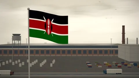 Kenya Flag Flying Over Textile Mill Weaving Shed seamless loop Video stock 345808993