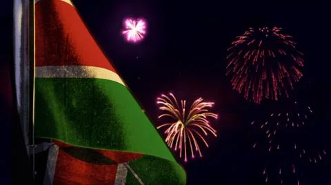 Kenya flag is hanging on firework sky for national celebration - defocused Stock Illustration