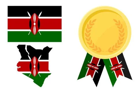 Kenya flag with map and gold medal in set for web and banners or app and game Stock Illustration