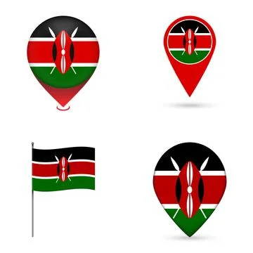 Kenya Flag Map Pin Icons Set Collection. Stock Illustration
