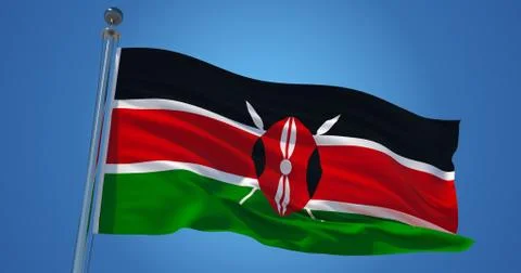 Kenya flag in the wind against clear blue sky, 3d illustration Stock Illustration