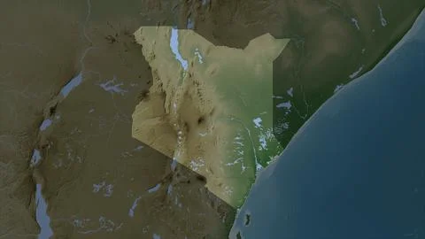 Kenya highlighted on a Pale colored elevation map with lakes and rivers Stock Illustration